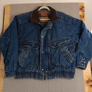 Vintage St. John's Bay Woodsman Denim Jacket Aztec Quilted Trim Blue XLT Heavy